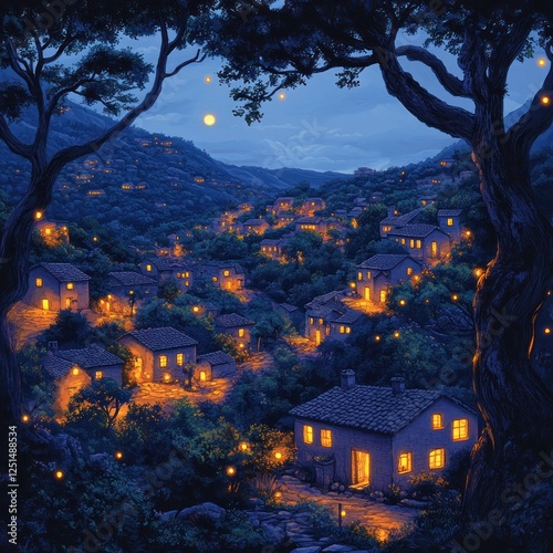 Nightfall village hillside lanterns fantasy illustration photo