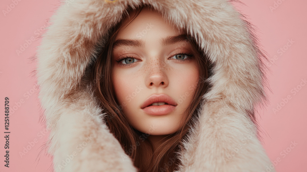 The model poses with a serene expression, showcasing her brown hair and delicate features, adorned in a cozy fur-lined hood The model poses with a serene expression, showcasing her brown hair and delicate features, adorned in a cozy fur-lined hood