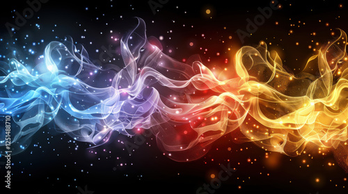 Colorful smoke swirls gracefully against black background, creating mesmerizing visual effect. vibrant hues of blue, purple, orange, and yellow