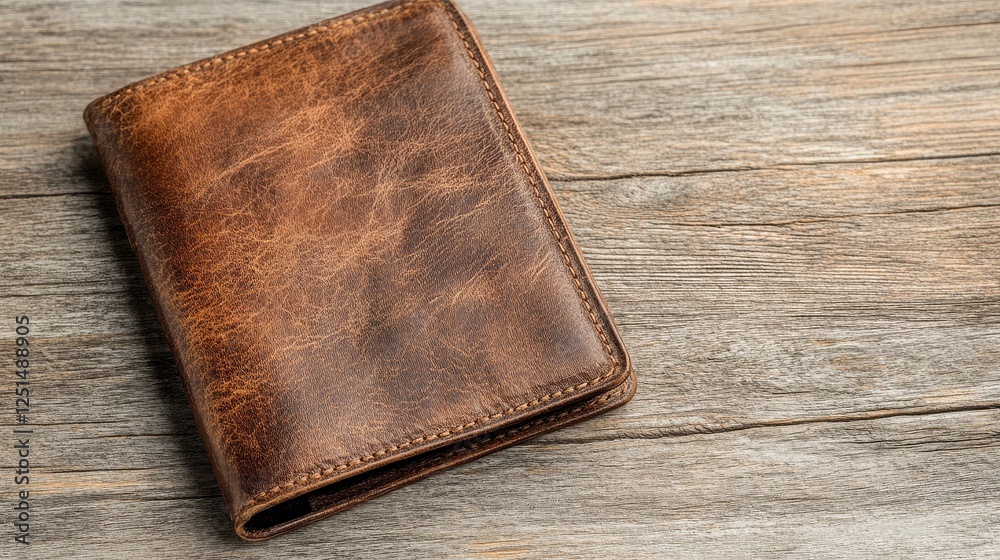 Brown Leather Wallet on Rustic Wooden Background Brown Leather Wallet on Rustic Wooden Background