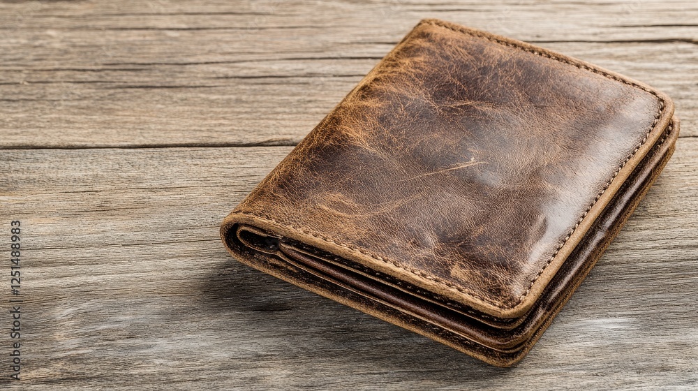 Brown Leather Wallet on Rustic Wooden Background Brown Leather Wallet on Rustic Wooden Background