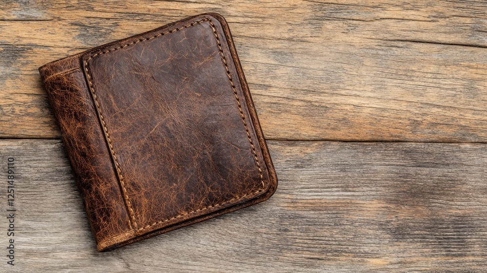 Brown Leather Wallet On Rustic Wooden Surface Brown Leather Wallet On Rustic Wooden Surface