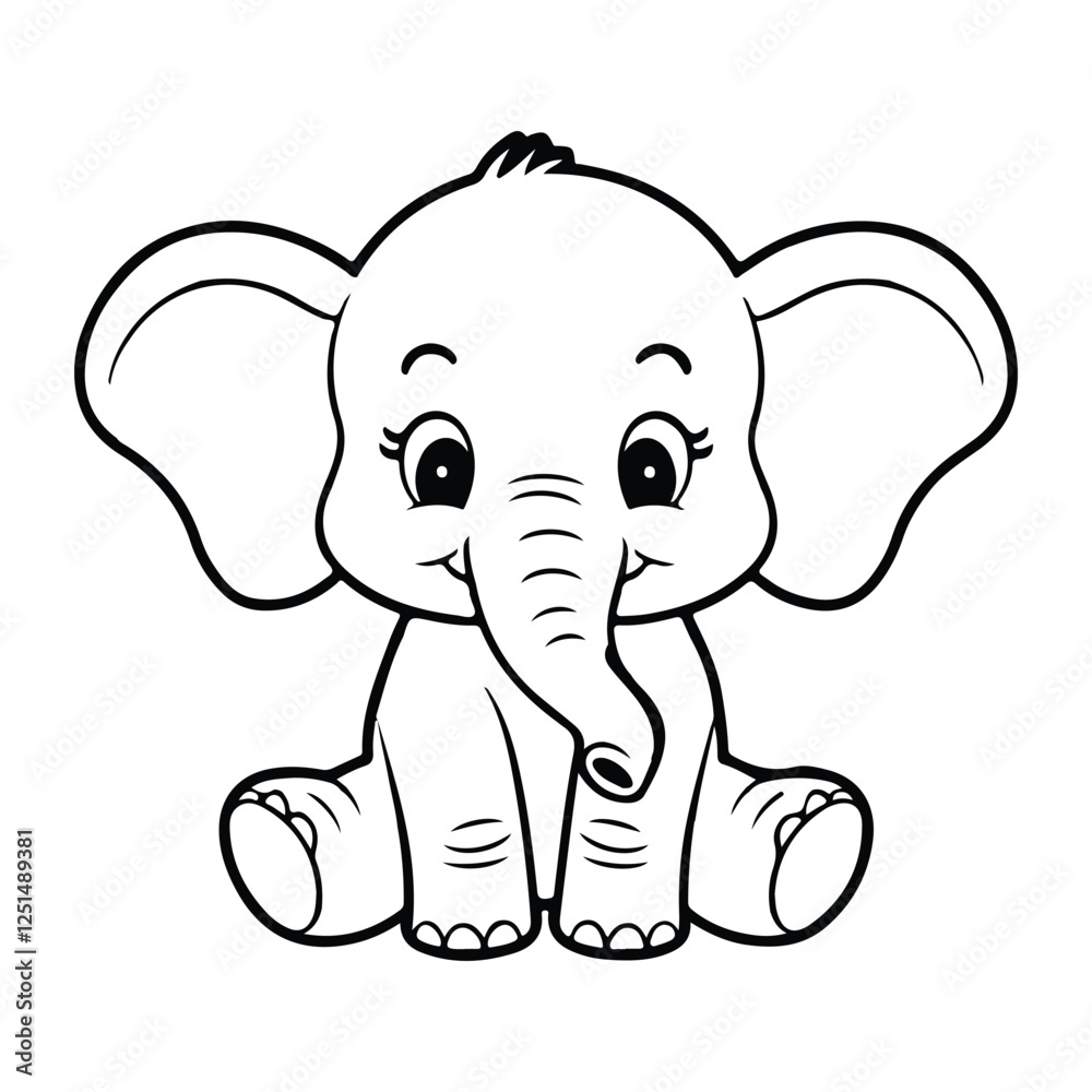 Fototapeta premium Cute baby elephant cartoon outline illustration.