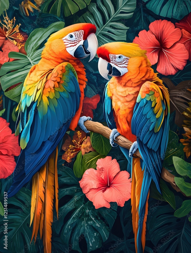 Obraz premium Vibrant Macaw Pair Amidst Lush Tropical Foliage and Hibiscus Blooms in Artistic Rendering