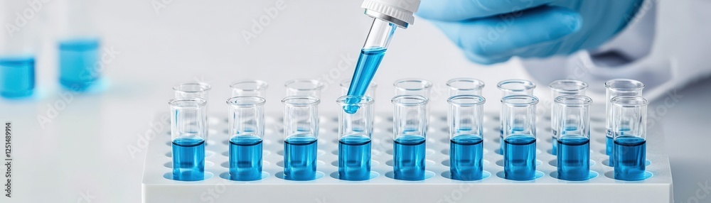 A laboratory scene showing a researcher in a glove using a pipette to transfer blue liquid into multiple glass vials arranged on a rack. A laboratory scene showing a researcher in a glove using a pipette to transfer blue liquid into multiple glass vials arranged on a rack.