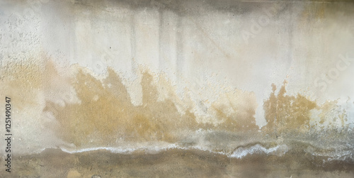 Aged Concrete Wall with Water Stains, Efflorescence, and Textured Marks in Shades of Beige, Brown, Gray, and White