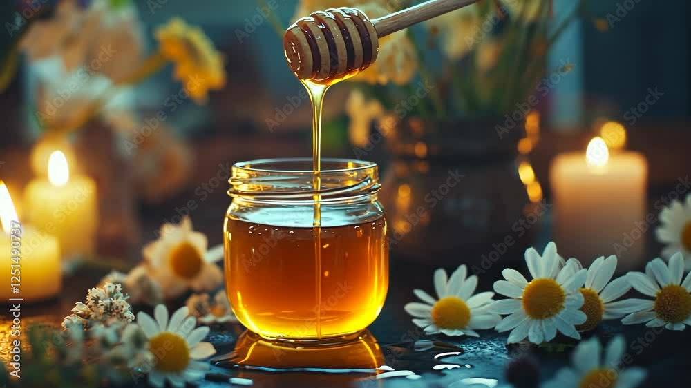 Honey dripping from the wooden honey stick into a glass jar full of golden amber honey on a black table with flowers and candles in the background, Honey dripping from the wooden honey stick into a glass jar full of golden amber honey on a black table with flowers and candles in the background,