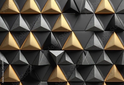 Luxury black and gold geometric 3D abstract background with metallic triangle pattern, modern futuristic design, elegant texture and digital art.
