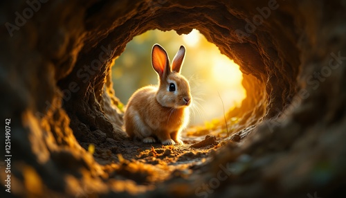 Cute Brown Rabbit Sitting Inside a Tunnel Bathed in Golden Sunlight