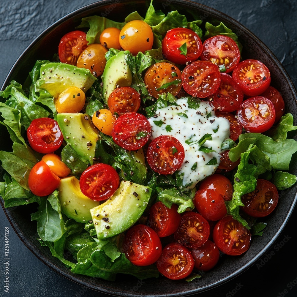 Colorful salad with avocado, cherry tomatoes, and yogurt dressing on dark plate Colorful salad with avocado, cherry tomatoes, and yogurt dressing on dark plate