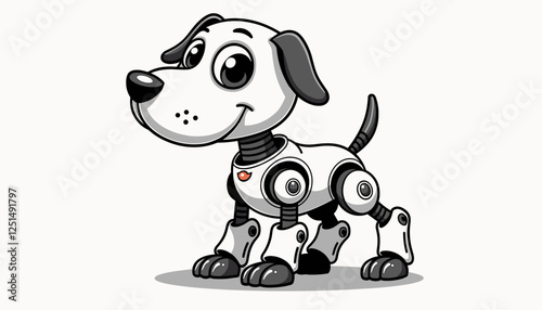 Cartoon robotic dog smiling and standing on a light background