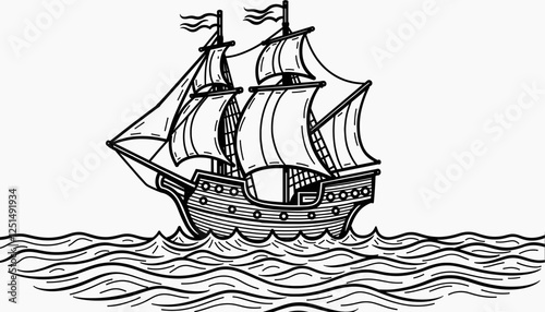 Illustration of a sailing ship on wavy ocean