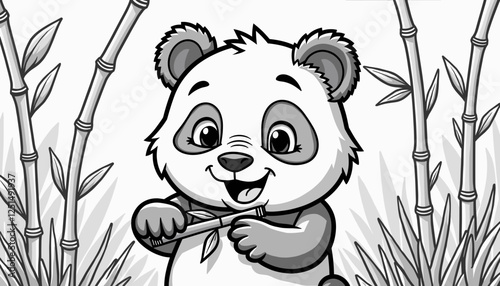 Panda cartoon character happily eating bamboo in a forest setting