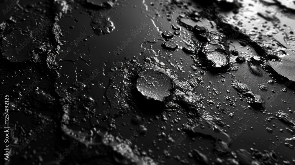 Textured black surface with water droplets and rough features, creating industrial feel Textured black surface with water droplets and rough features, creating industrial feel