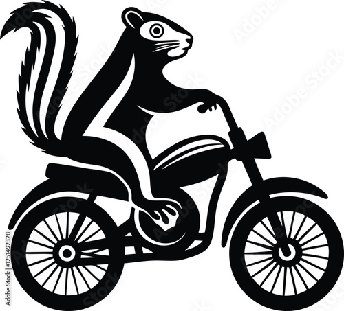 Eastern Chipmunk or Squirrel riding a motorcycle cartoon vector illustration and silhouette and line art design