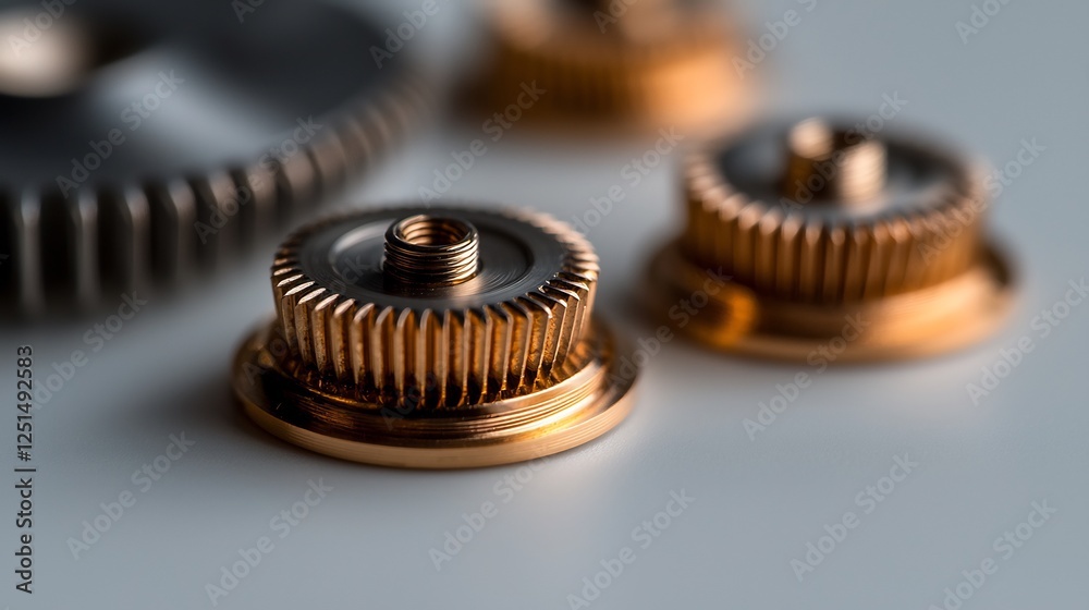 Three Small Polished Brass Gears Laid Out on a White Surface with Soft Natural Lighting Three Small Polished Brass Gears Laid Out on a White Surface with Soft Natural Lighting