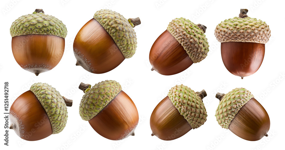 Collection of Acorns with Distinctive Caps and Shiny Brown Shells, isolated on transparent background Collection of Acorns with Distinctive Caps and Shiny Brown Shells, isolated on transparent background