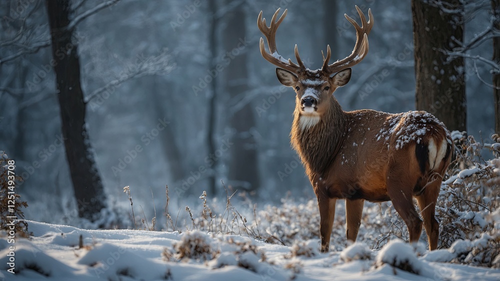 Fototapeta premium A deer stands in the snow with its antlers up. Concept of tranquility and peacefulness, as the deer is surrounded by a serene winter landscape