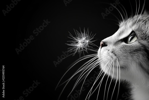 Cat gazing curiously at a dandelion puff in a dark setting while highlighting its vibrant eyes and whiskers photo