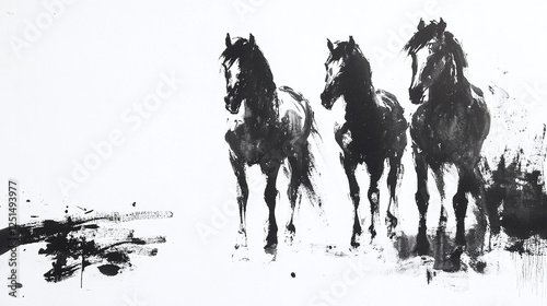 Abstract ink wash painting depicts three horses emerging from the blank canvas. Dark, expressive strokes capture their form, movement, and the raw beauty. photo