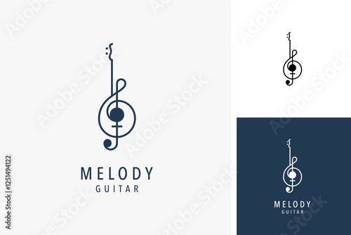Guitar in music note line logo symbol icon design illustration
