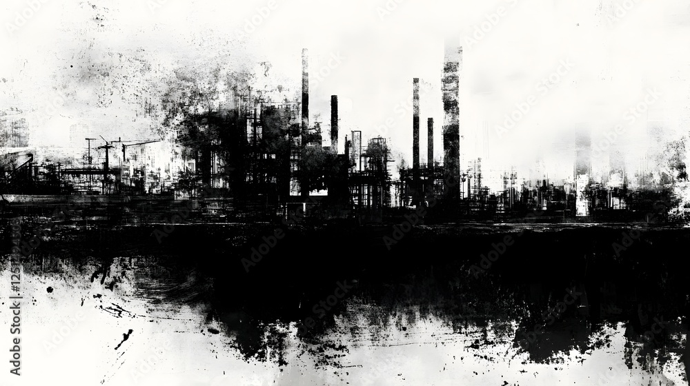 Obraz premium Atmospheric Industrial Landscape with Smoky Cityscape Skyline