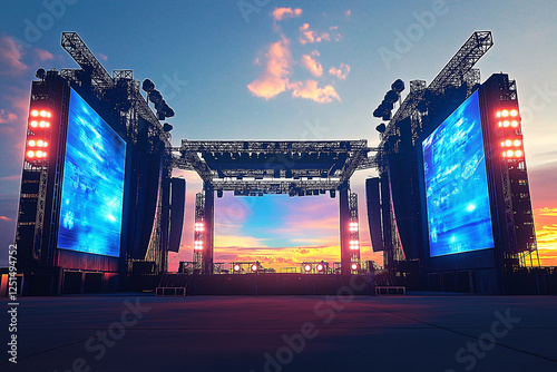 Modern Outdoor Concert Stage with Rigging, Beam Lights, and Blue Screen Mockup – AI-Generated Event Background photo