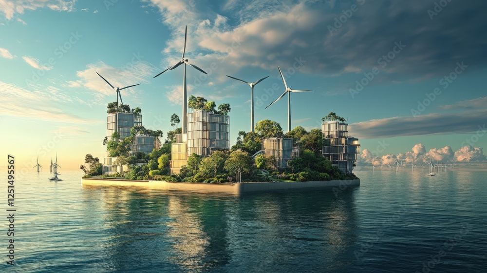 Obraz premium A futuristic city is built on a floating island in the middle of the ocean