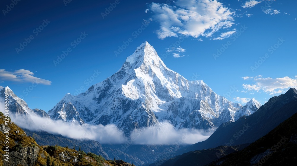 Obraz premium A stunning snow-covered mountain stands tall under a bright blue sky. Below, clouds hover over the lush green valleys, showcasing the beauty of nature in this serene location