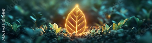 A glowing leafshaped energy label within green plants, symbolizing ecoconscious, lowcost energy use, sustainable lifestyle, vibrant greens, natural setting