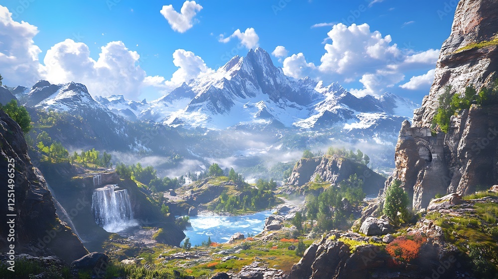 Naklejka premium serene mountain landscapes brought to life by colorful alpine blooms image