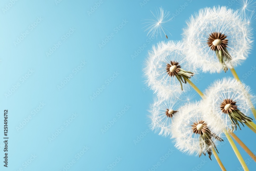 Fototapeta premium Puffed dandelions sway gently in the breeze under a clear blue sky during a sunny afternoon
