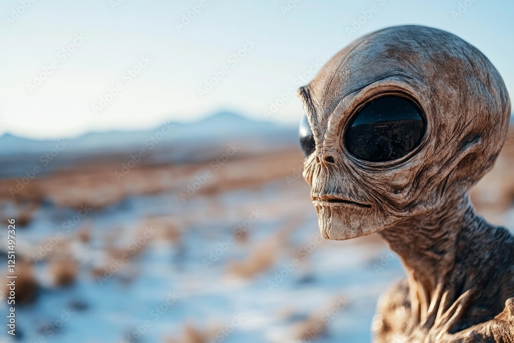 Alien figure stands in a snowy landscape during daylight with mountains in the background and a clear blue sky above Alien figure stands in a snowy landscape during daylight with mountains in the background and a clear blue sky above