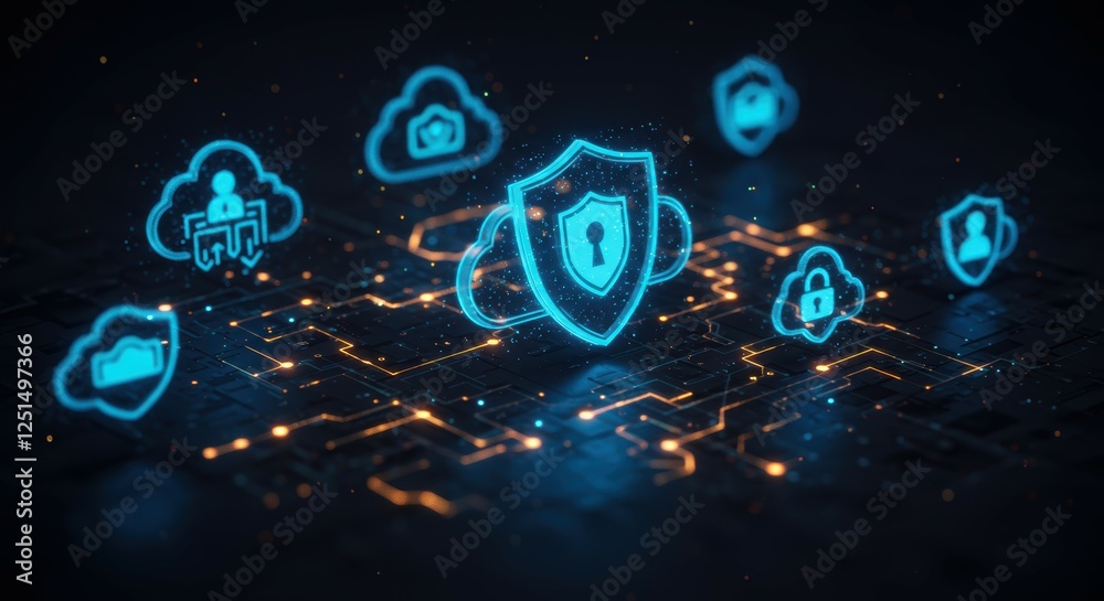 Cybersecurity icons, glowing blue shields, cloud computing symbols, digital protection, network security, futuristic interface, dark background, interconnected nodes, data privacy concept, neon lights Cybersecurity icons, glowing blue shields, cloud computing symbols, digital protection, network security, futuristic interface, dark background, interconnected nodes, data privacy concept, neon lights