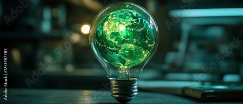 Ecofriendly light bulb with Earth inside, representing energyefficient solutions for climate change, glowing softly, vibrant green hues, modern and clean aesthetic photo