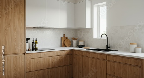 Modern kitchen interior, L-shaped layout, wood grain lower cabinets, white upper cabinets, black countertops, white subway tile backsplash, minimalist design, natural light, matte black faucet, wooden