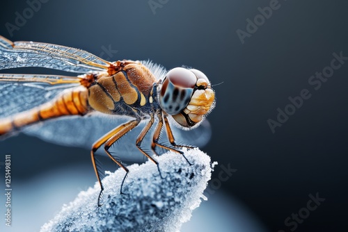 Close-up view of a dragonfly resting on frost-covered tip in early morning light photo