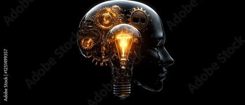 Human head with gears and light bulb, symbolizing AIdriven innovation, glowing machinery, futuristic design, sleek, highdetail, techinspired style photo