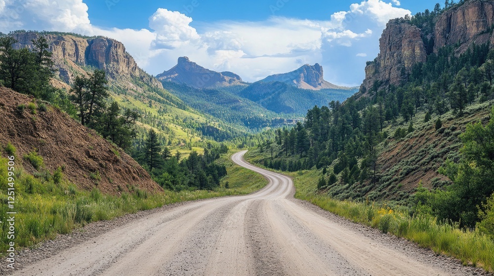 Gravel road winding through a mountain valley, isolated. Gravel road winding through a mountain valley, isolated.