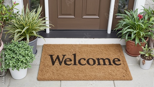 Charming front door with Welcome mat amidst lush potted plants evoking warmth and hospitality