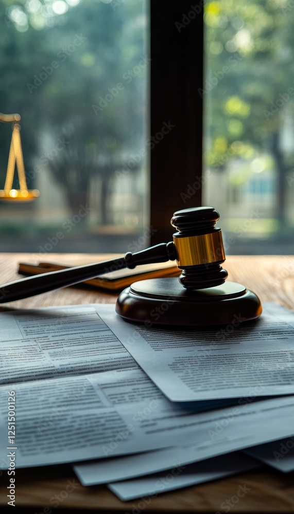 Wooden Gavel and Legal Documents on Table Law, Justice, Auction, and Courtroom Concept Wooden Gavel and Legal Documents on Table Law, Justice, Auction, and Courtroom Concept