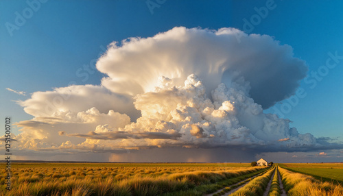 Expansive thunderhead clouds forming over the plain at sunset, nature's power
