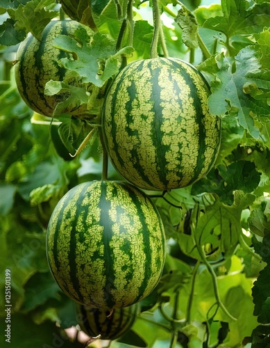 Watermelons hang on a vine with green leaves. growing vegetables, food; summer harvest  photo