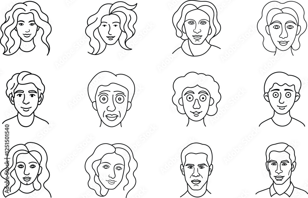 Twelve Simple Line Drawing Portraits Diverse Faces, Hairstyles, Expressions Twelve Simple Line Drawing Portraits Diverse Faces, Hairstyles, Expressions