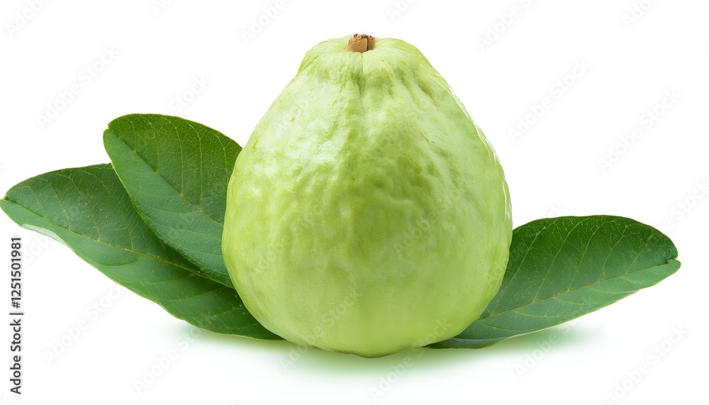 A whole guava fruit with leaves on white background, emphasizing its natural and fresh appearance. Perfect for organic and healthy food content. A whole guava fruit with leaves on white background, emphasizing its natural and fresh appearance. Perfect for organic and healthy food content.