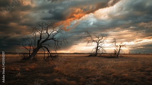 dry grassland with trees with dry branches