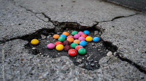 Colorful Candy Dropped on Cracked Asphalt Surface in Urban Setting photo