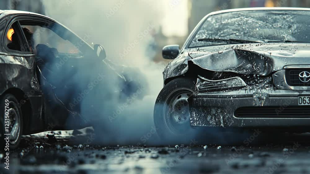 Car accident, car with a mangled front end, visible damage, and a broken headlight on the road in the city. Gazebo car accident concept, banner,