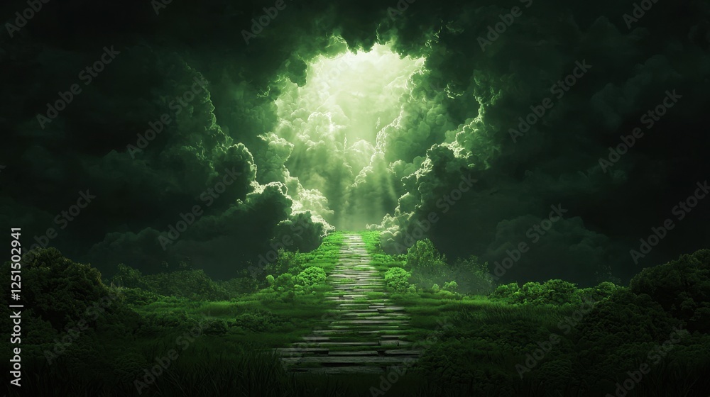 Fototapeta premium Luminous Pathway Through Dark Clouds in Mystical Green Landscape