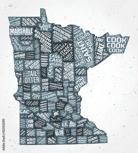 Minnesota counties word clouds. State shape on textured background. Minnesota design in typographic style. Creative vector illustration.